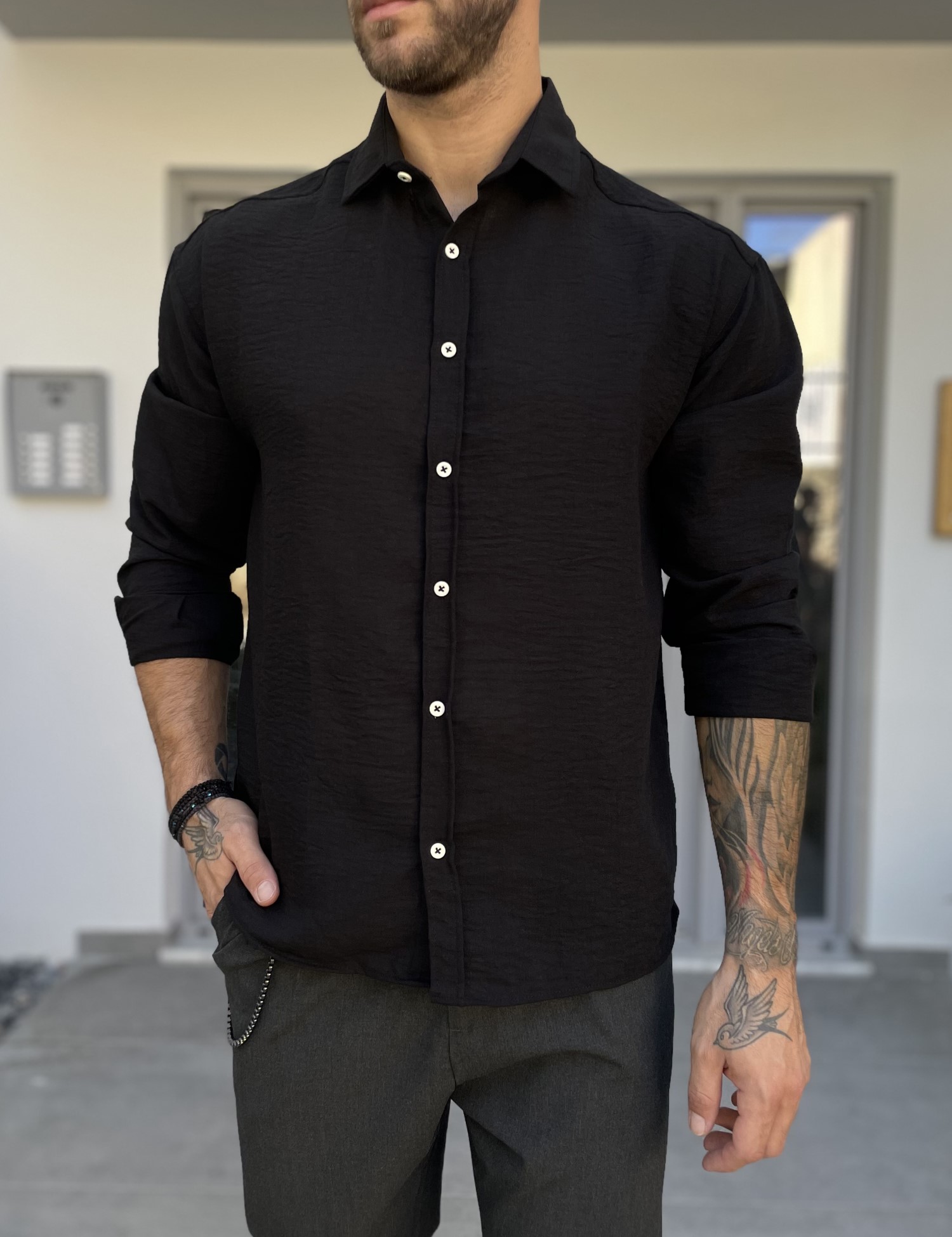 RMZ Ανδρικό μαύρο γκοφρέ Overshirt με γιακά RMZ579M